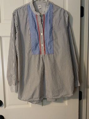 GAP Navy & White Striped Button-Down Shirt with Light Blue & Red Bib